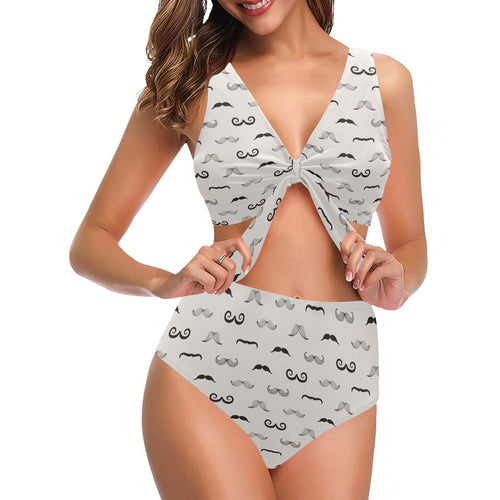Mustache Beard Pattern Print Design 05 Chest Bowknot High Waisted Bikini Swimsuit