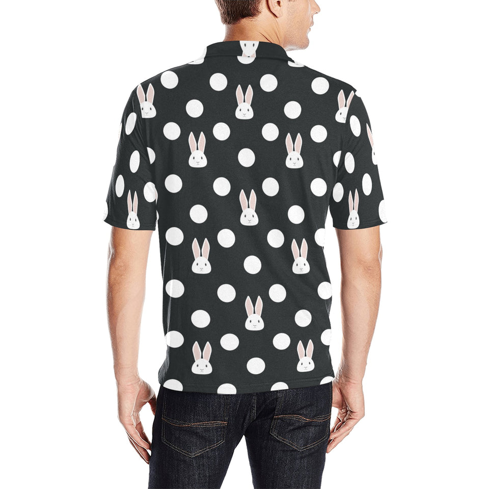 Cute white rabbit polka dots black background Men's All Over Print Polo Shirt