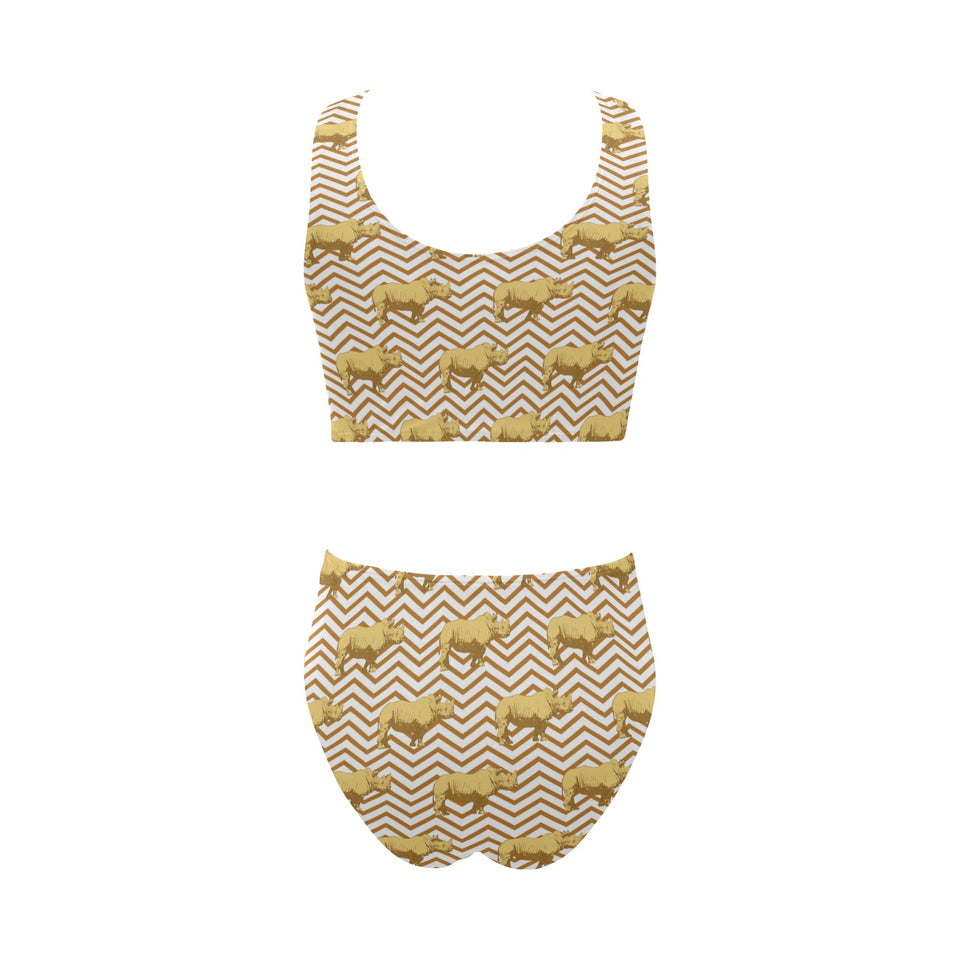 Rhino yellow theme pattern Chest Bowknot High Waisted Bikini Swimsuit