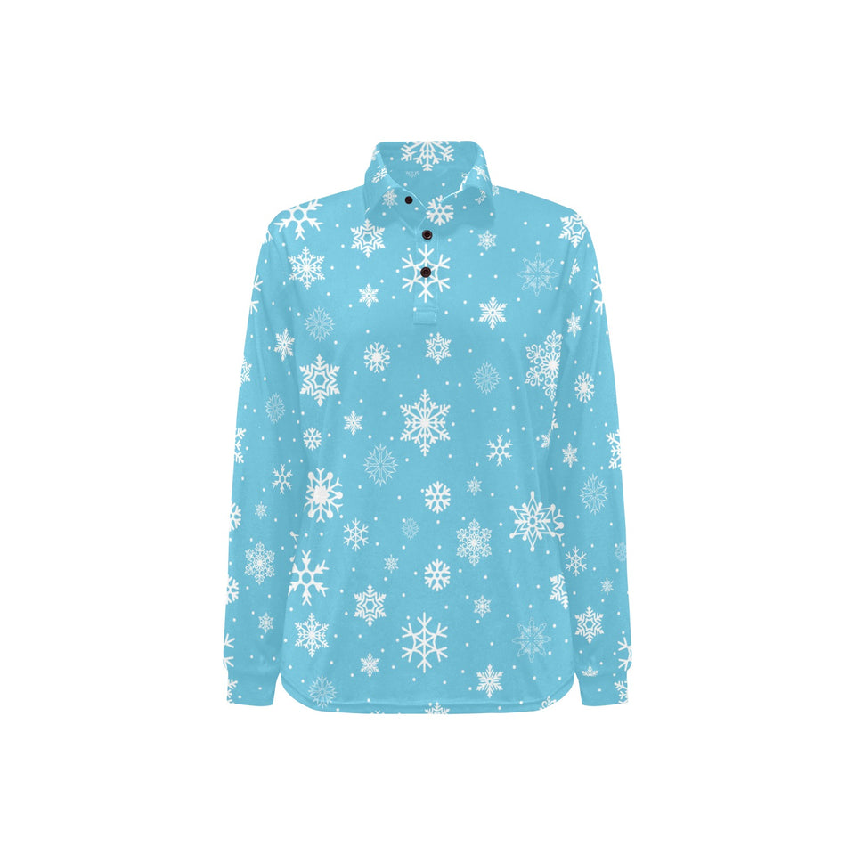 Snowflake pattern blue background Women's Long Sleeve Polo Shirt