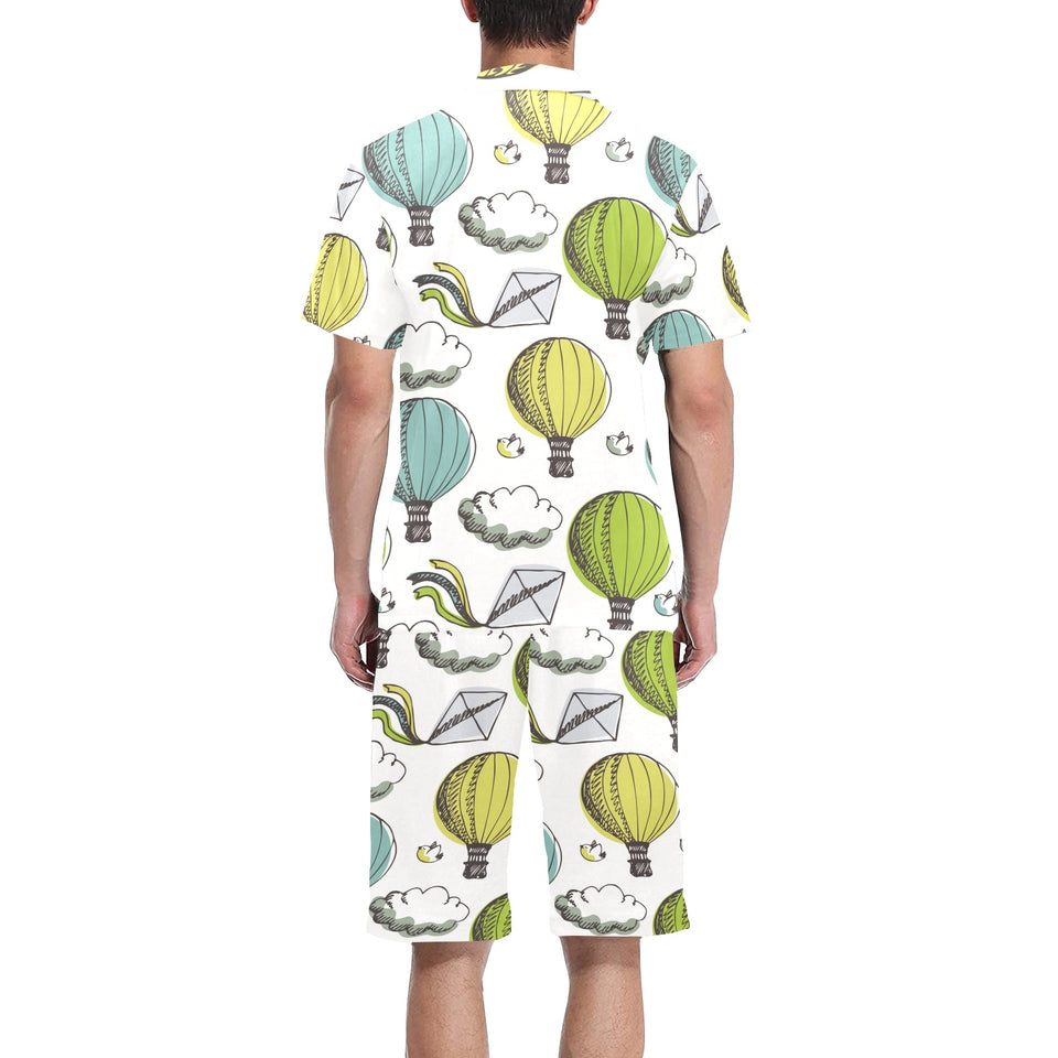 Hot Air Balloon Bird Cloud Pattern Men's V-Neck Short Pajama Set
