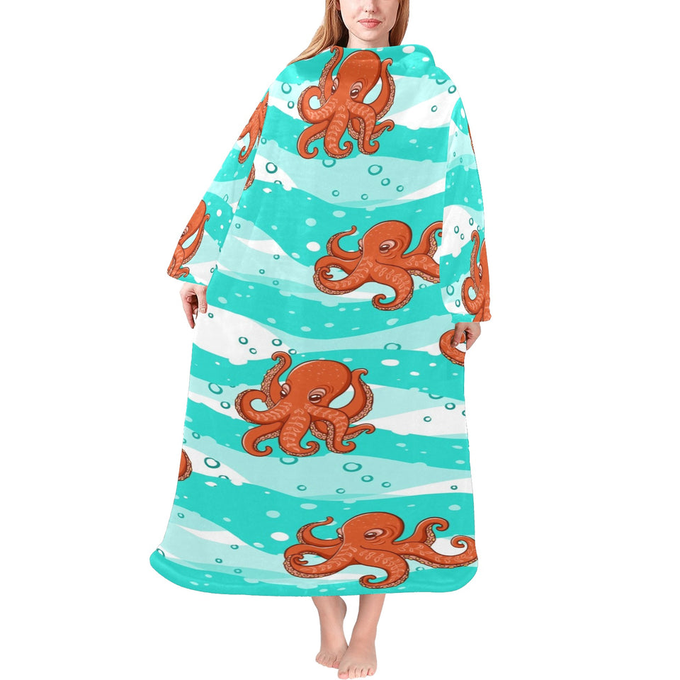 Octopuses sea wave background Blanket Robe with Sleeves