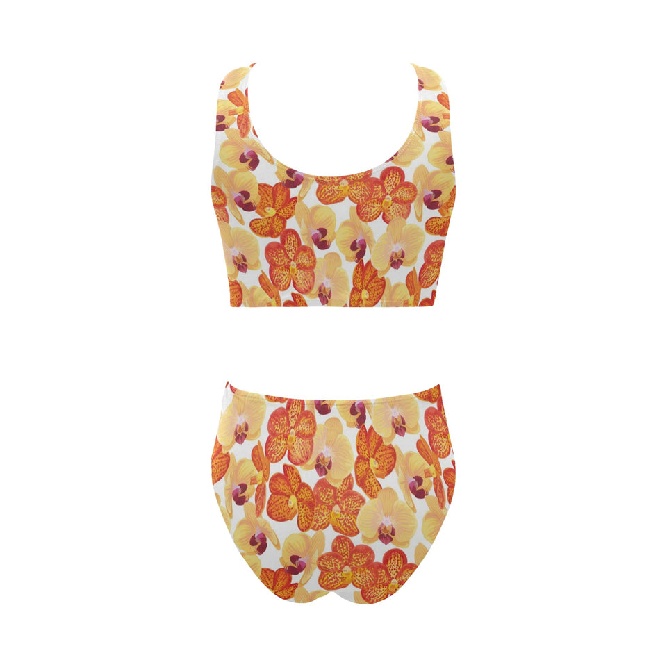 Orange yellow orchid flower pattern background Chest Bowknot High Waisted Bikini Swimsuit