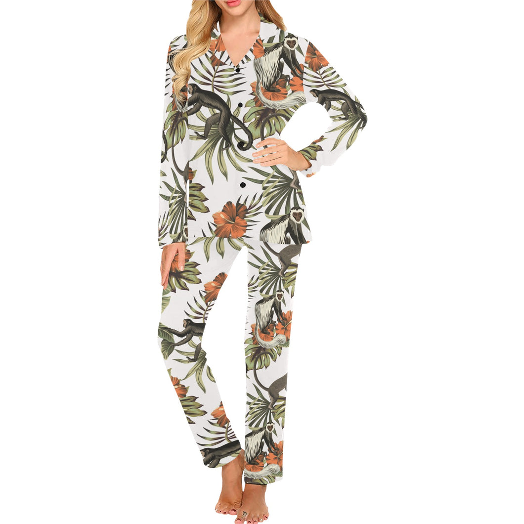 Monkey red hibiscus flower palm leaves floral patt Women's Long Pajama Set
