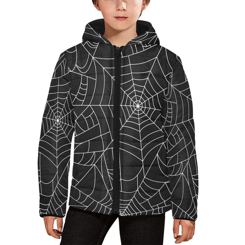 Spider web pattern Black background white cobweb Kids' Boys' Girls' Padded Hooded Jacket