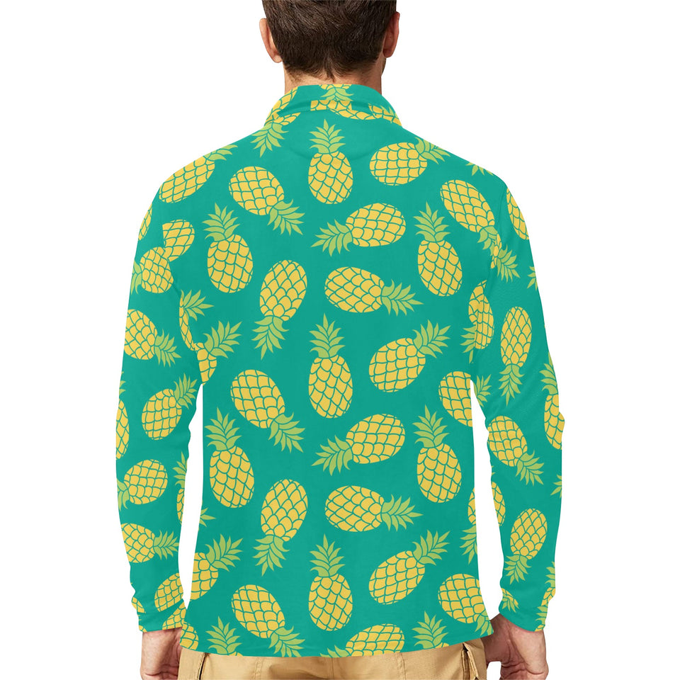 Pineapples pattern green background Men's Long Sleeve Polo Shirt