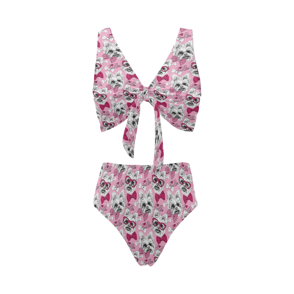 Yorkshire Terrier Pattern Print Design 03 Chest Bowknot High Waisted Bikini Swimsuit