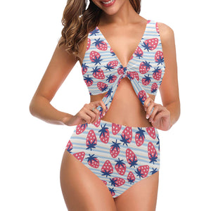 Strawberry pattern blue lines background Chest Bowknot High Waisted Bikini Swimsuit