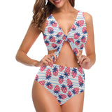 Strawberry pattern blue lines background Chest Bowknot High Waisted Bikini Swimsuit