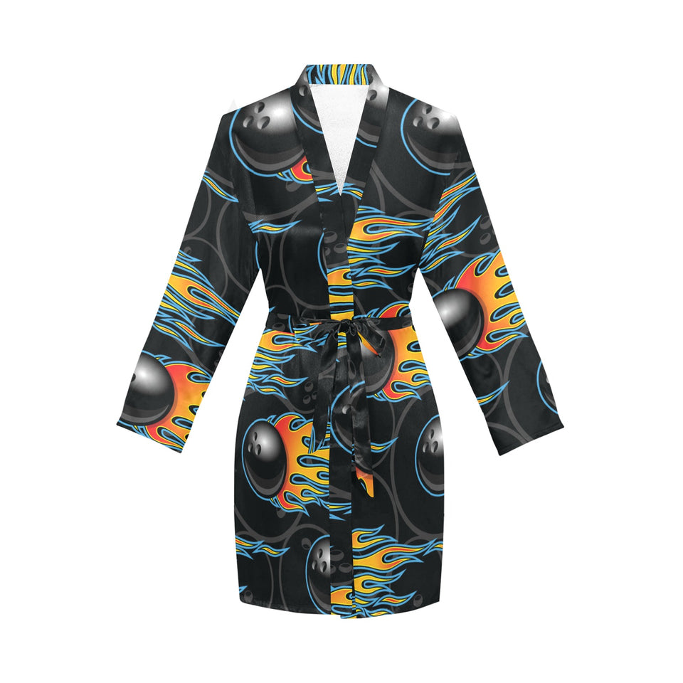 Bowling balls flame pattern Women's Long Sleeve Belted Night Robe
