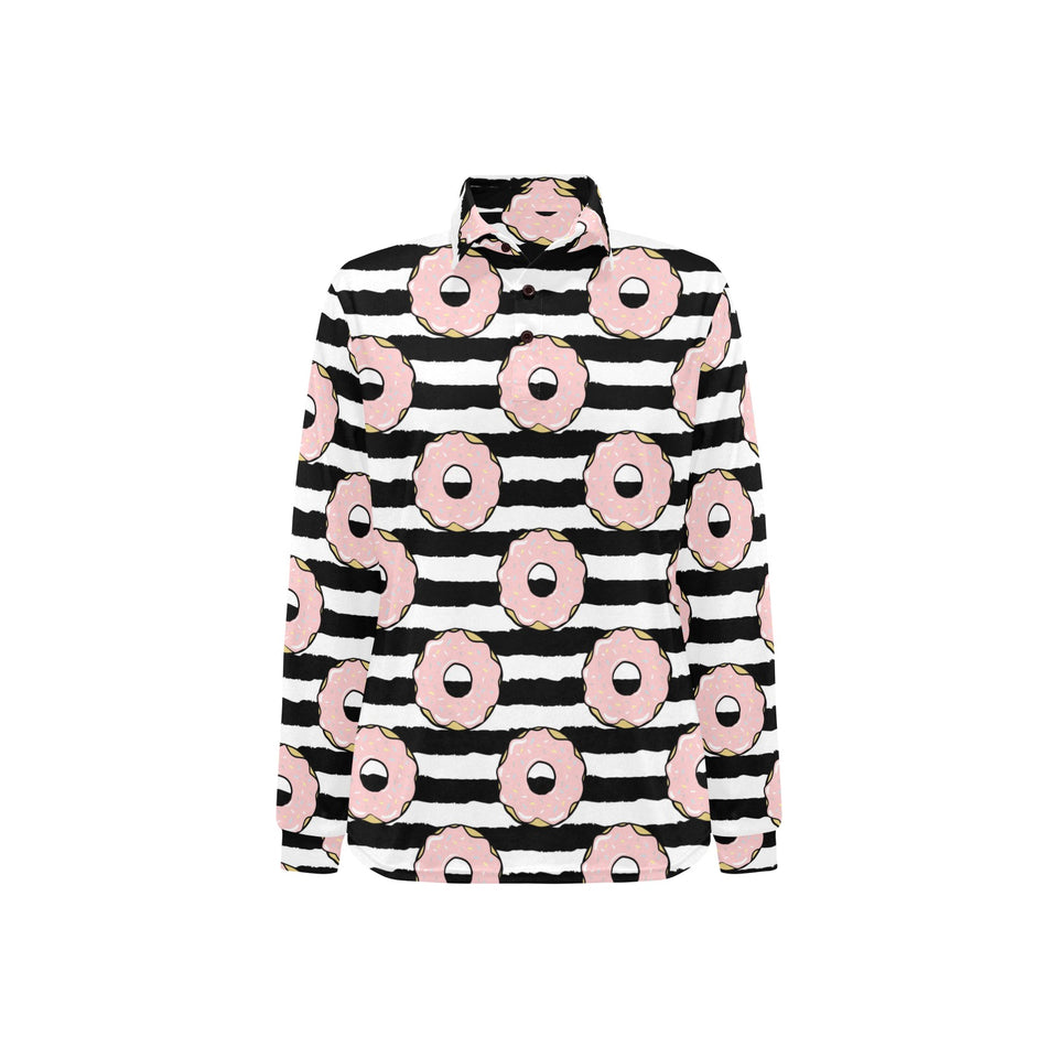 Donuts pink icing striped pattern Women's Long Sleeve Polo Shirt