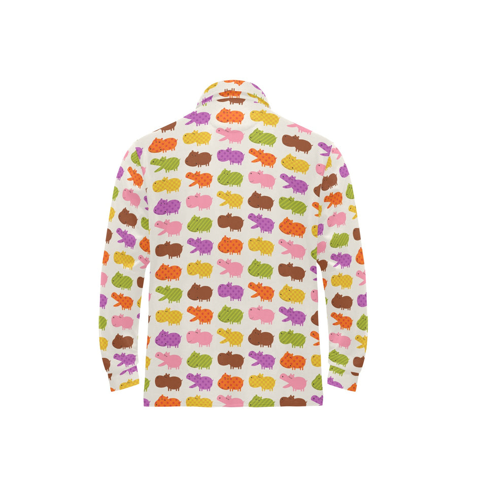 Hippopotamus Pattern Print Design 01 Men's Long Sleeve Polo Shirt