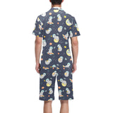 Cute sloth astronaut star planet rocket pattern Men's V-Neck Short Pajama Set