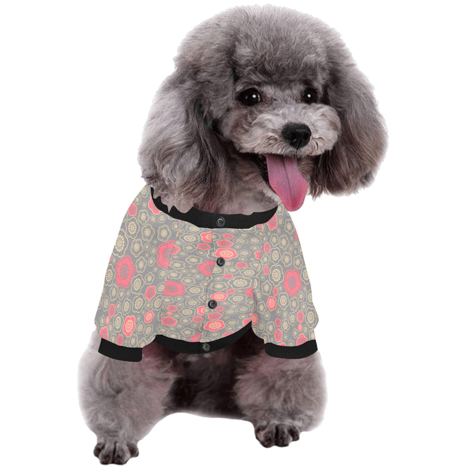 Red gold Sakura cherry blossom gray background All Over Print Pet Dog Round Neck Fuzzy Shirt
