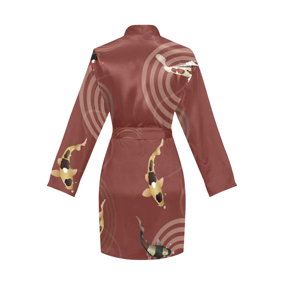 Koi Fish Carp Fish red background Women's Long Sleeve Belted Night Robe