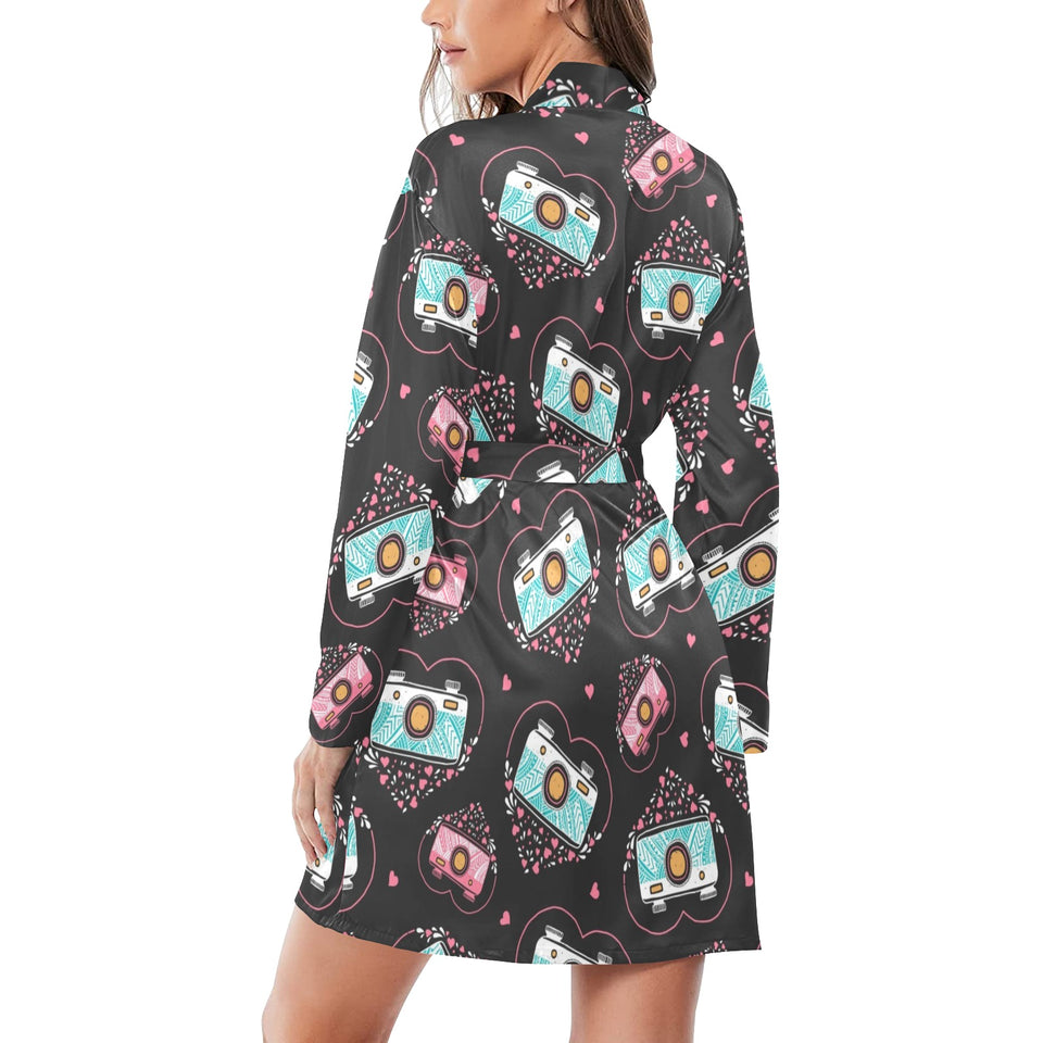 Camera Pattern Print Design 04 Women's Long Sleeve Belted Night Robe