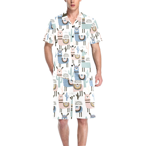 lama Alpaca cactus hand drawn pattern Men's V-Neck Short Pajama Set