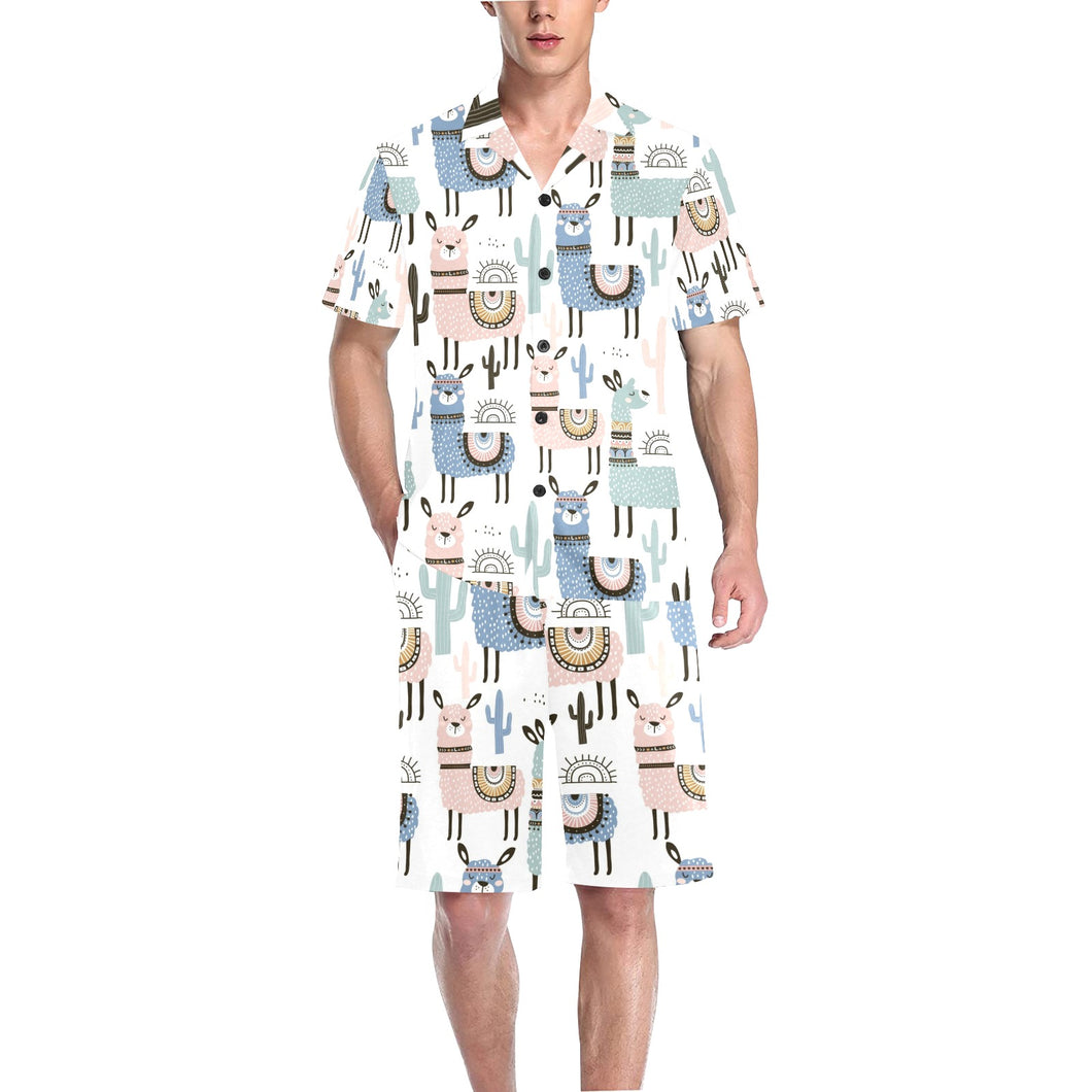 lama Alpaca cactus hand drawn pattern Men's V-Neck Short Pajama Set