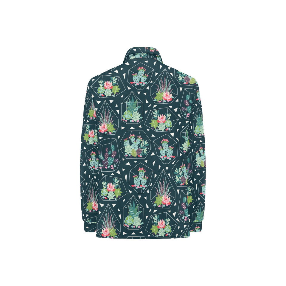 Cactus glass terrarium pattern Women's Long Sleeve Polo Shirt