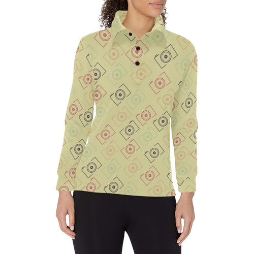 Camera Pattern Print Design 01 Women's Long Sleeve Polo Shirt