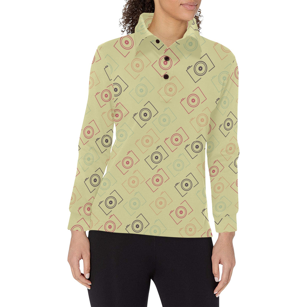 Camera Pattern Print Design 01 Women's Long Sleeve Polo Shirt
