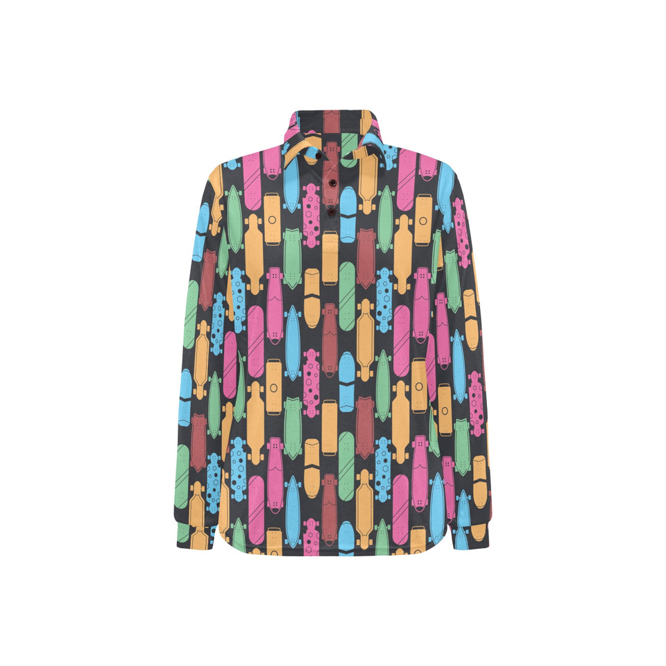 Skate Board Pattern Print Design 02 Women's Long Sleeve Polo Shirt