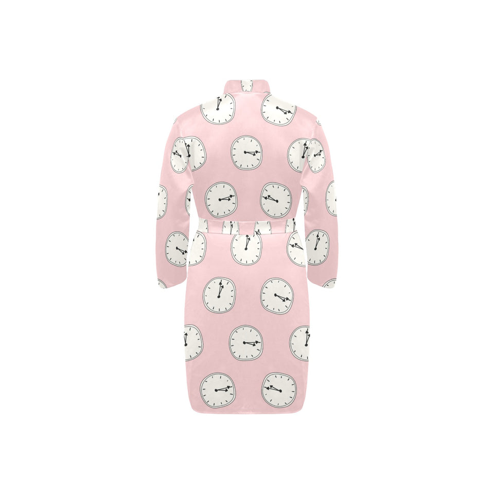 Clock pattern pink blackground Men's Long Sleeve Belted Night Robe