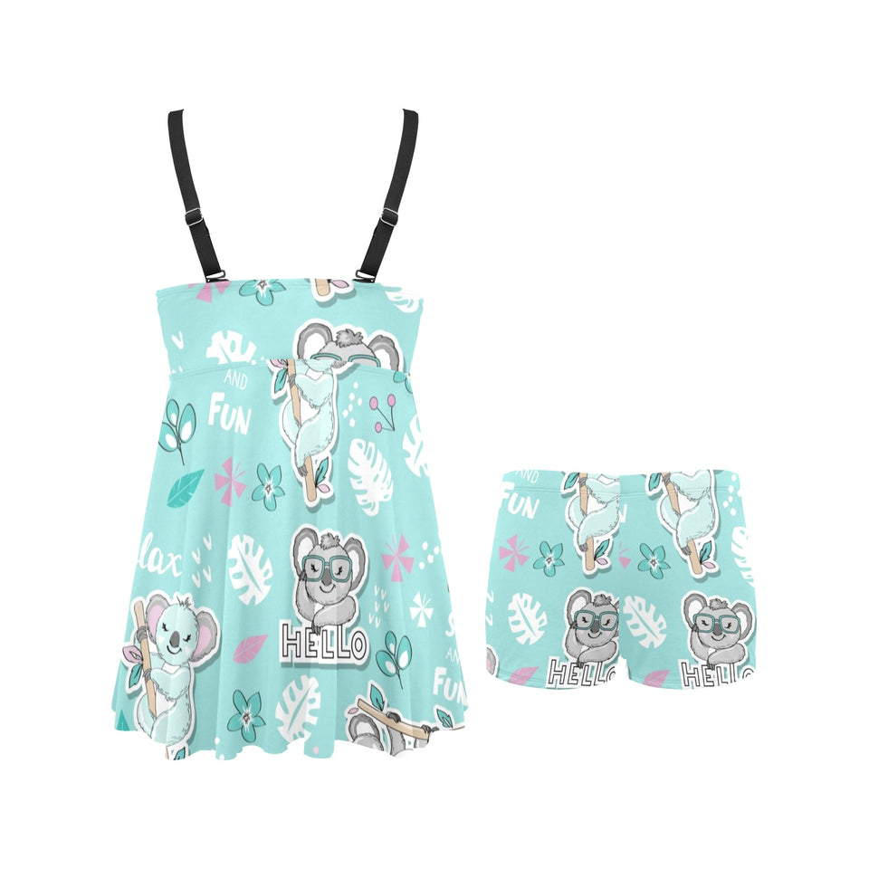 Cute koalas blue background pattern Chest Sexy Pleated Two Piece Swim Dress