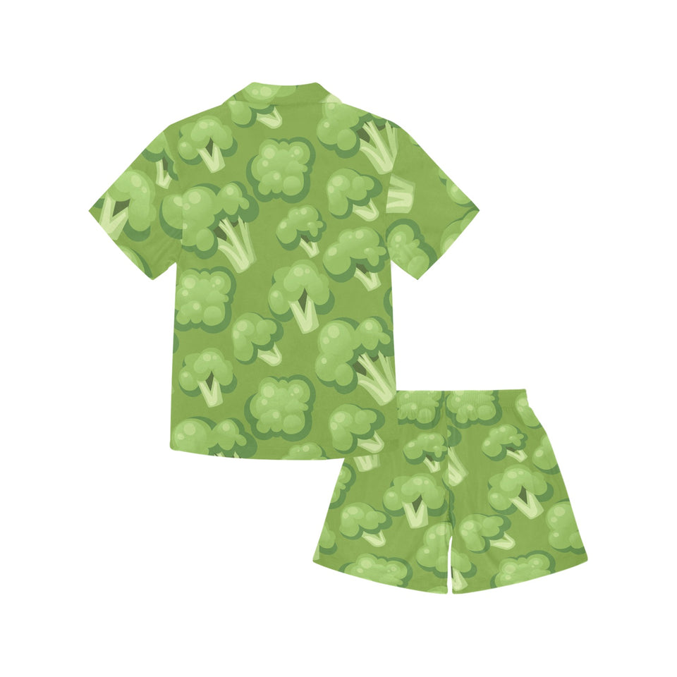 Broccoli pattern green background Kids' Boys' Girls' V-Neck Short Pajama Set