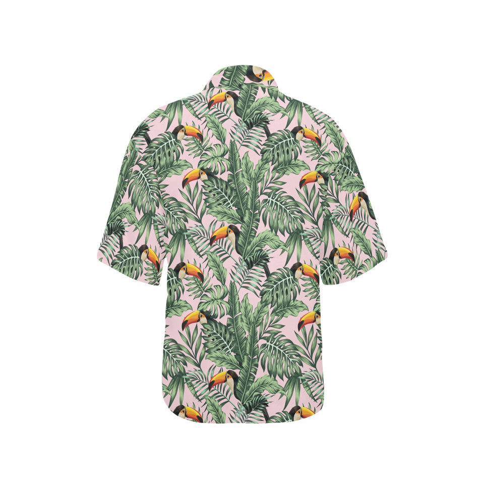 Toucan tropical green jungle palm pattern Women's All Over Print Hawaiian Shirt