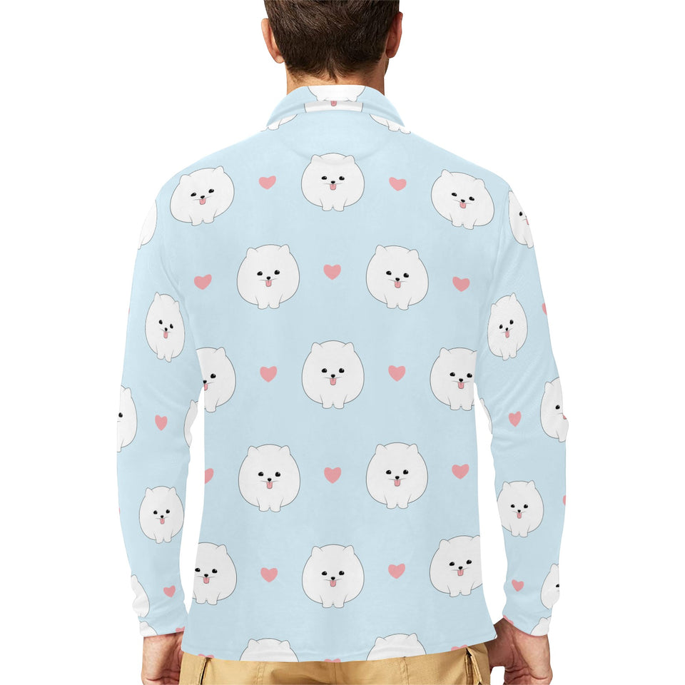 White cute pomeranian pattern Men's Long Sleeve Polo Shirt