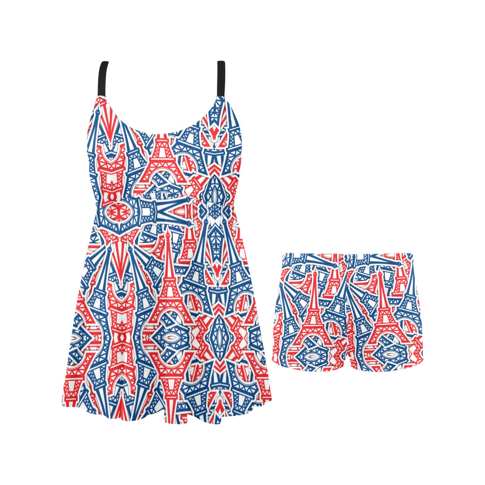 Blue Red Eiffel Tower Pattern Print Design 02 Chest Sexy Pleated Two Piece Swim Dress
