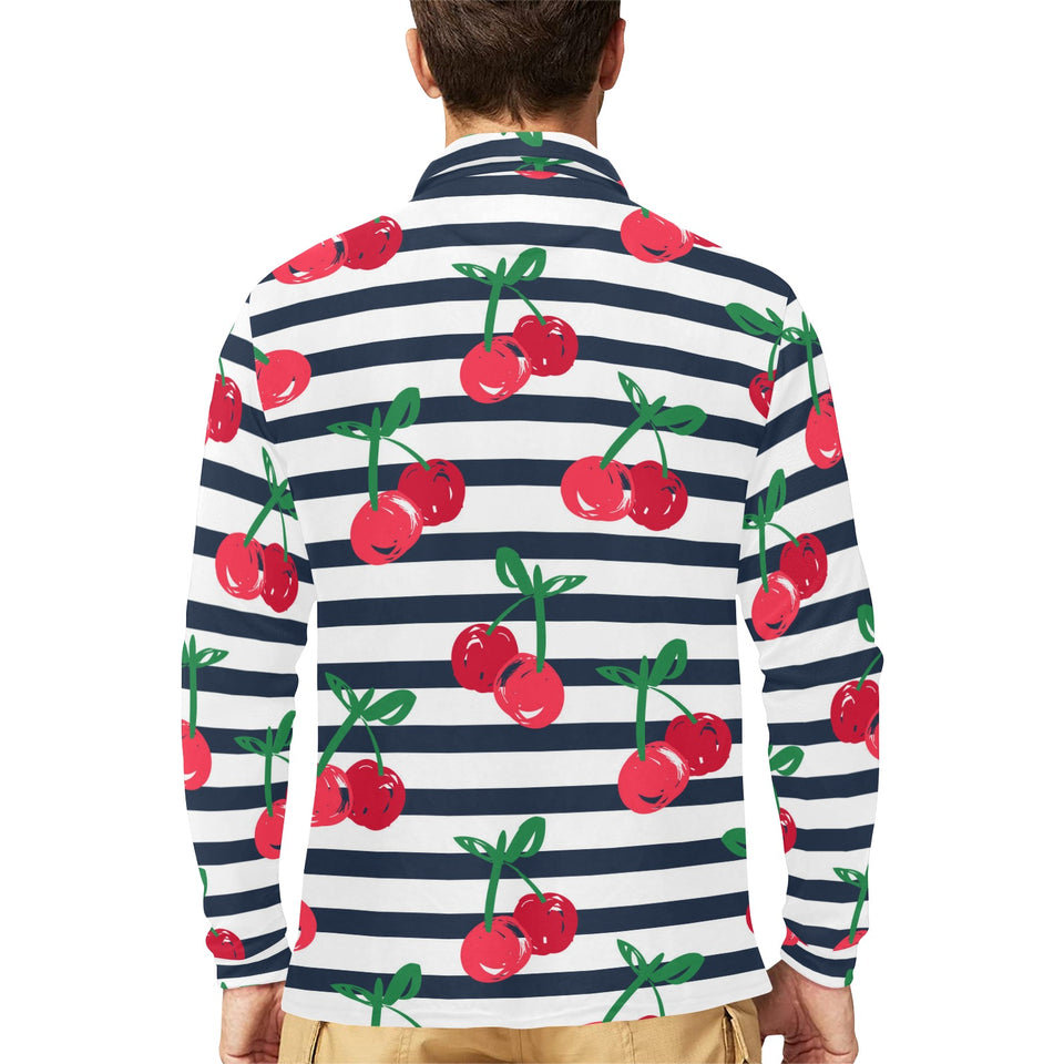 Hand drawn cherry pattern striped background Men's Long Sleeve Polo Shirt