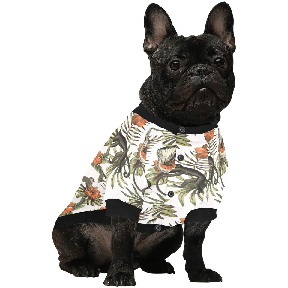 Monkey red hibiscus flower palm leaves floral patt All Over Print Pet Dog Round Neck Fuzzy Shirt