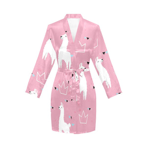 Llama Alpaca pink background Women's Long Sleeve Belted Night Robe