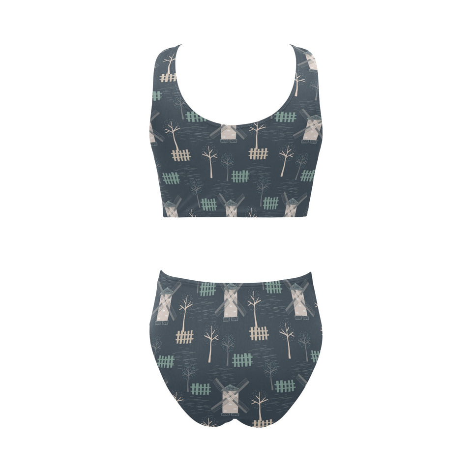 windmill tree pattern Chest Bowknot High Waisted Bikini Swimsuit