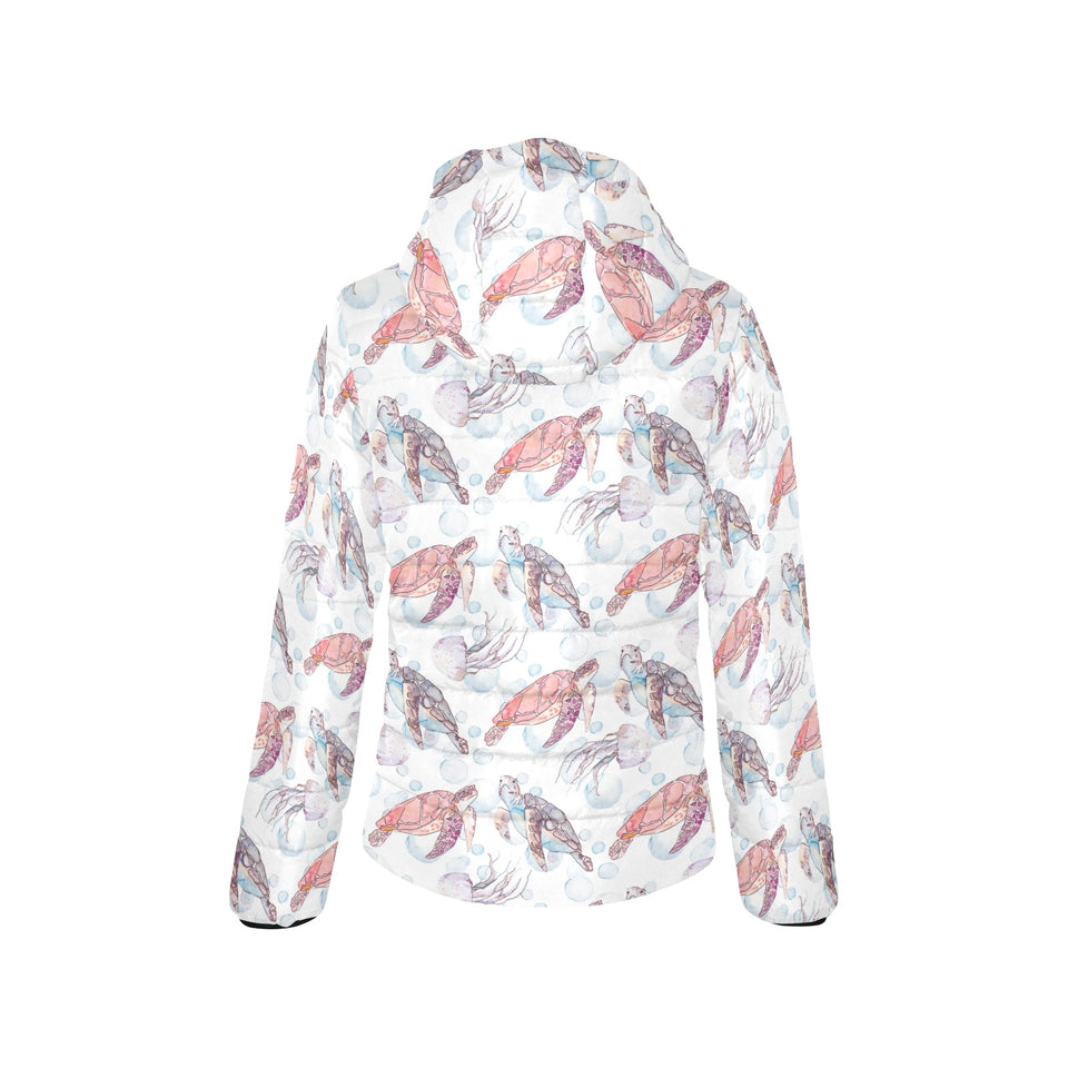Watercolor sea turtle jellyfish pattern Women's Padded Hooded Jacket