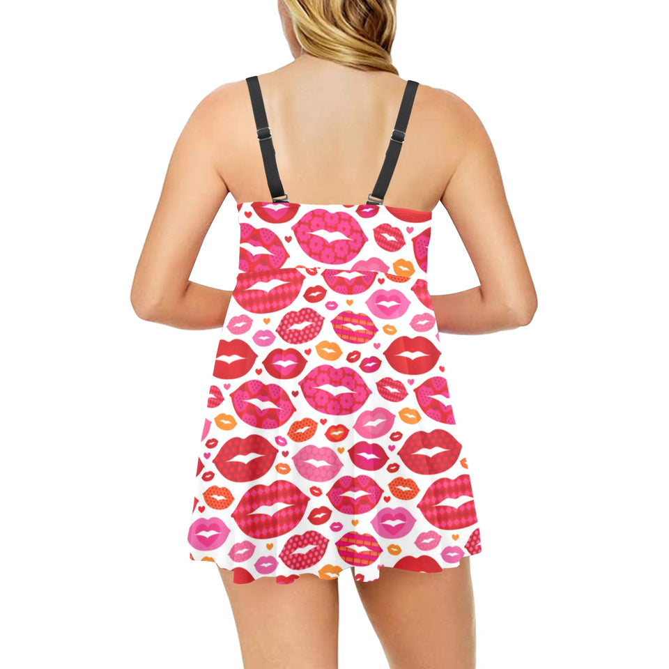 Lips Pattern Print Design 01 Chest Sexy Pleated Two Piece Swim Dress
