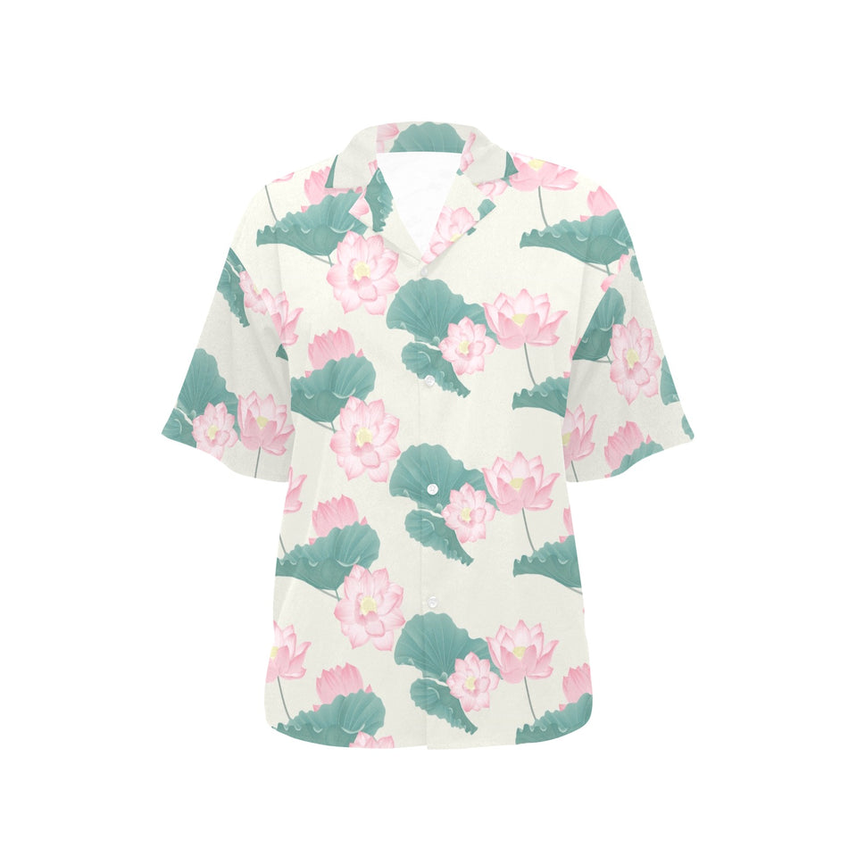 Pink lotus waterlily leaves pattern Women's All Over Print Hawaiian Shirt