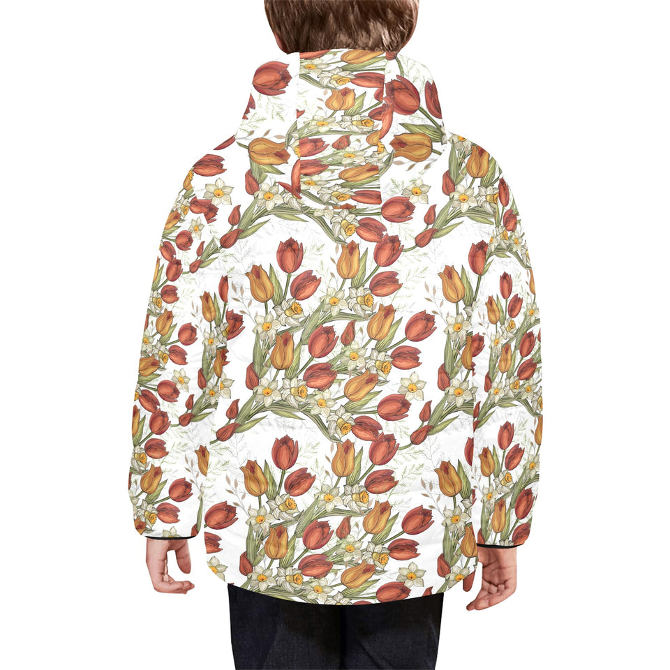 Red tulips and daffodils pattern Kids' Boys' Girls' Padded Hooded Jacket