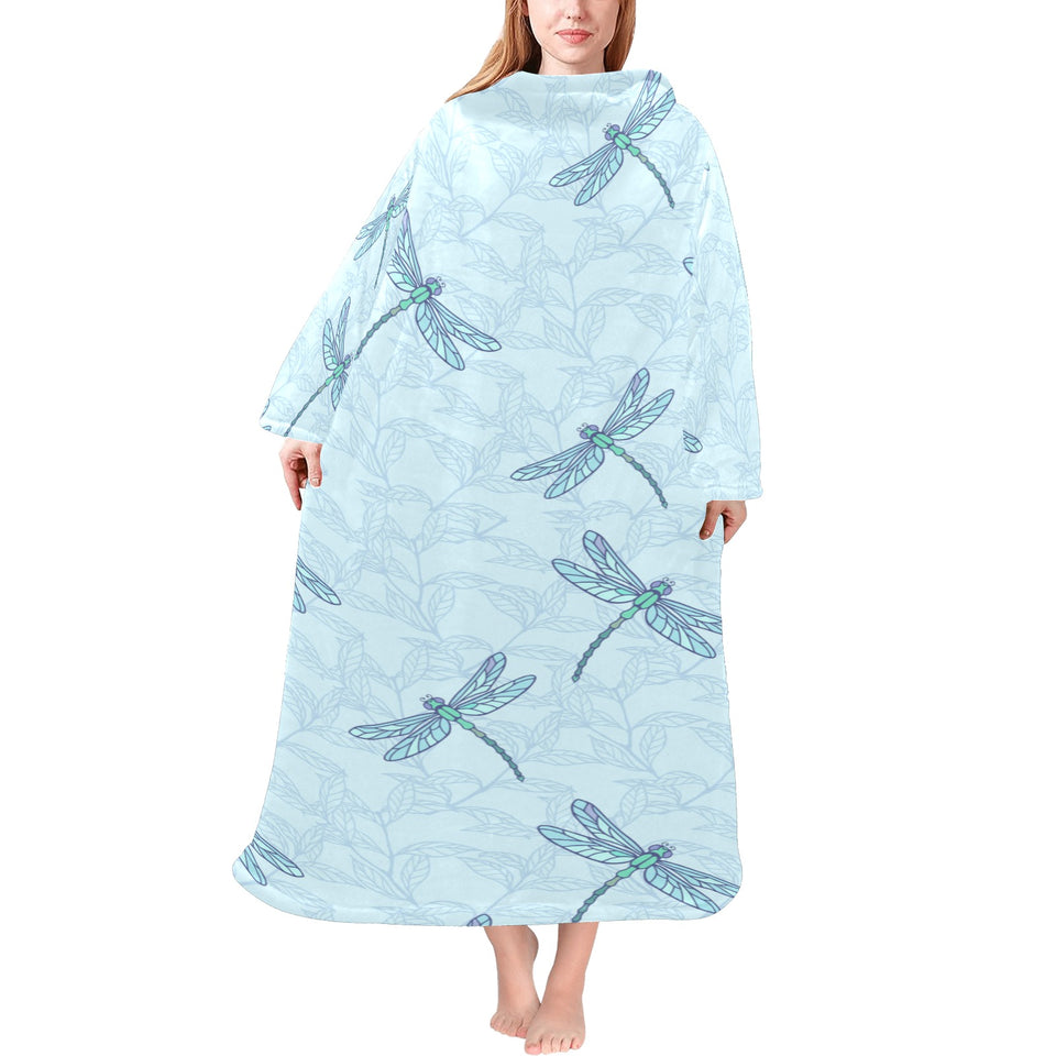 Dragonfly pattern blue background Blanket Robe with Sleeves