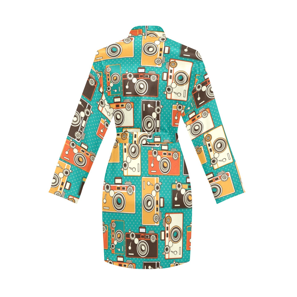 Camera Pattern Print Design 03 Women's Long Sleeve Belted Night Robe