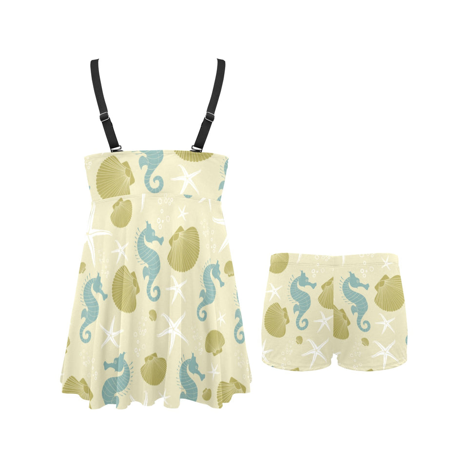 Seahorse shell starfish pattern background Chest Sexy Pleated Two Piece Swim Dress