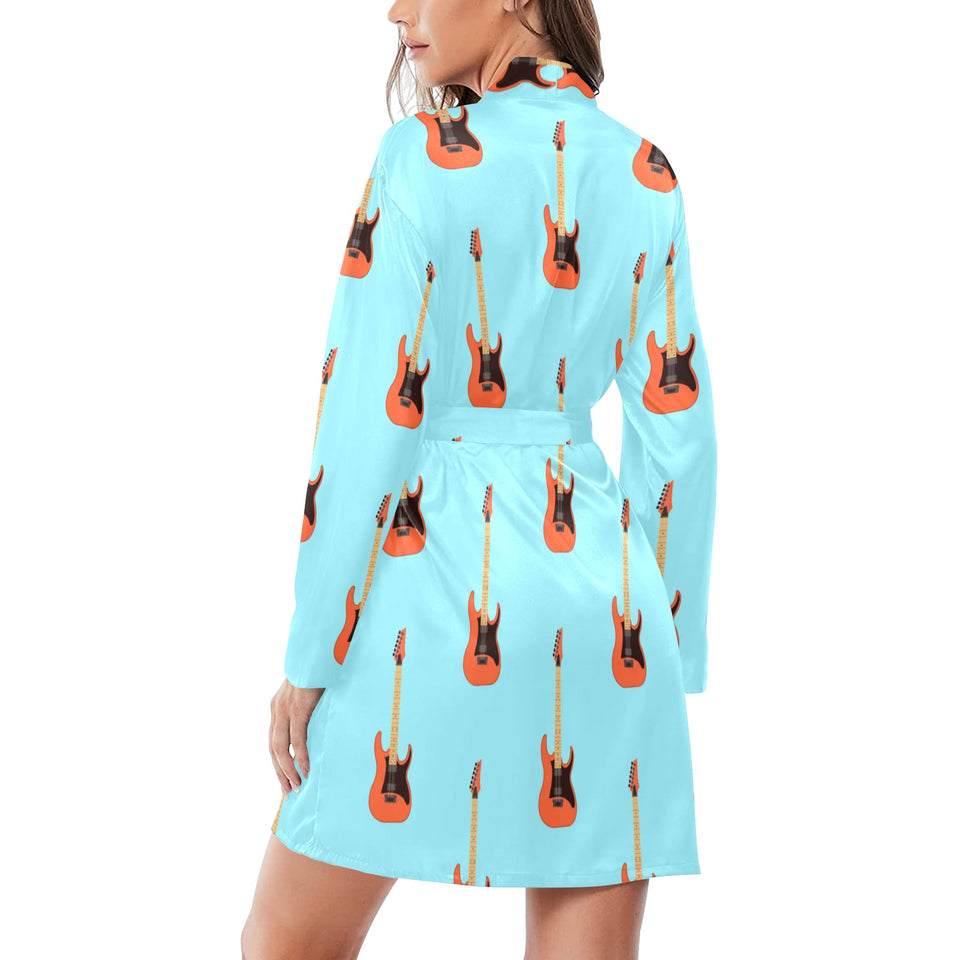 electric guitar pattern light blue background Women's Long Sleeve Belted Night Robe