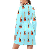 electric guitar pattern light blue background Women's Long Sleeve Belted Night Robe