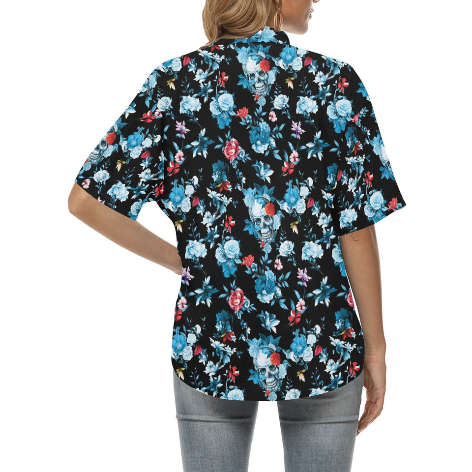 Skull flower roses leave pattern Women's All Over Print Hawaiian Shirt