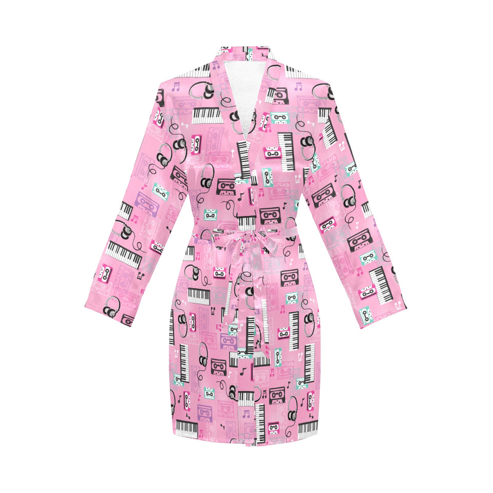 Piano Pattern Print Design 01 Women's Long Sleeve Belted Night Robe