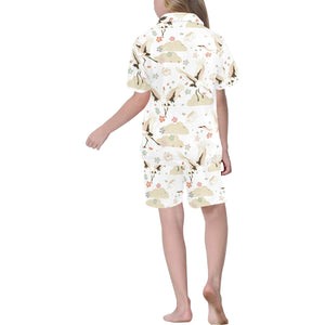 Beautiful Japanese cranes pattern Kids' Boys' Girls' V-Neck Short Pajama Set