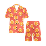 Oranges pattern red background Men's V-Neck Short Pajama Set
