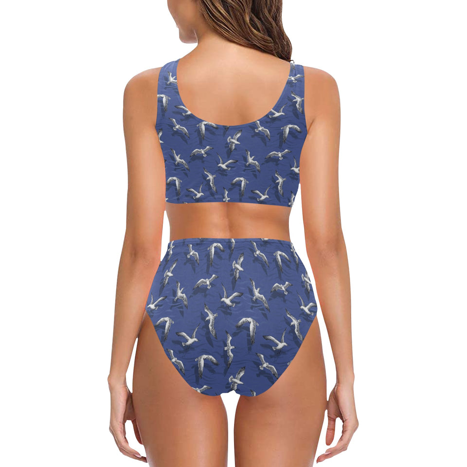 Seagull Pattern Print Design 03 Chest Bowknot High Waisted Bikini Swimsuit